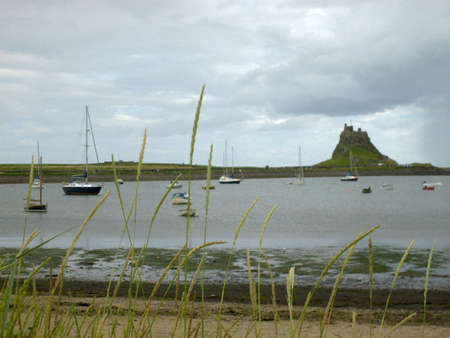 Lindisfarne castle and bay with boats through grassの写真素材