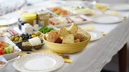 Breakfast with cheese olive and sweet things
