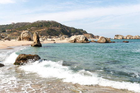 Beach and rocks on the coast of the Åileの写真素材