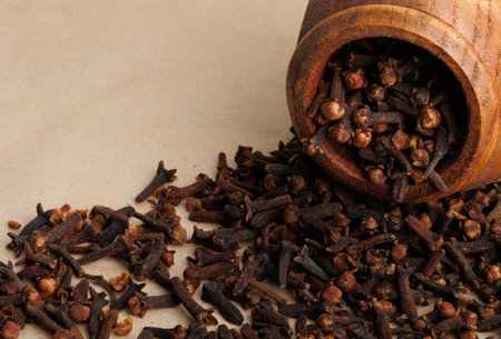 Cloves and a wooden mortar on a beige paper background close-upの写真素材