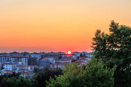 Sunset over the city of Istanbul and a treeの写真素材