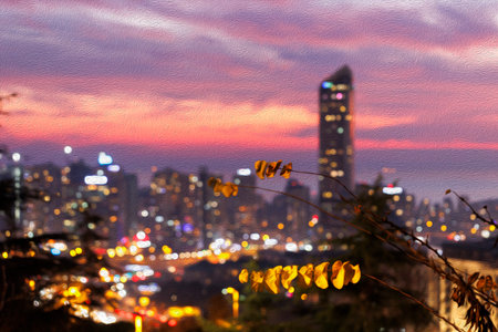 Abstract blurred bokeh cityscape at twilight time background. Oil painting style, Illustrationの写真素材