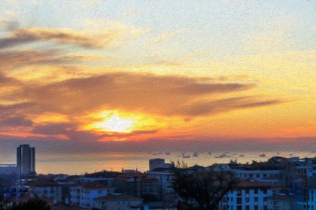 Beautiful sunset over the city of Istanbul. Oil painting style, Illustrationの写真素材