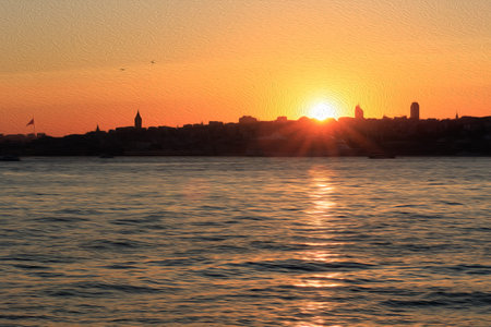 Bosphorus Strait at sunset, Istanbul, Turkey. Oil paint filter, illustrationの写真素材