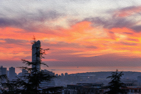 Sunset over the city Digital painting and illustrationの写真素材