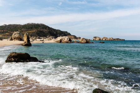 view of beautiful beach and waves of Black Sea, in Sile, Istanbul