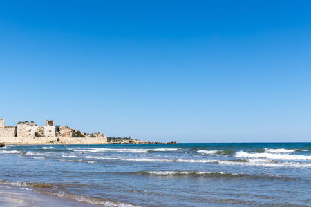 beautiful view of the old fortress of the city of the mediterranean coast in Mersin, Turkeyの写真素材