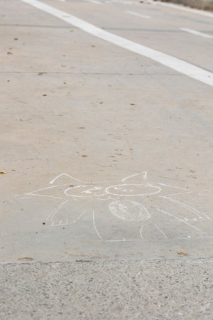 Drawing of a cat on the road near bike roadの写真素材