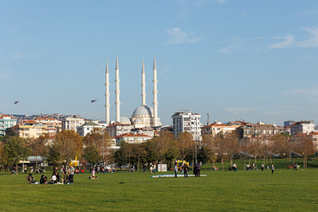 Maltepe mosque and people at the Orhan Celebi activity place and park in Maltese, istanbulのeditorial素材