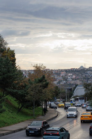 cars going on curved road under cloudy day in istanbulのeditorial素材