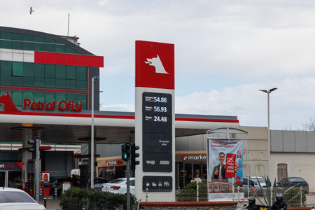 Gasoline prices on a private company sign board by the of 26 November 2025 in istanbulのeditorial素材
