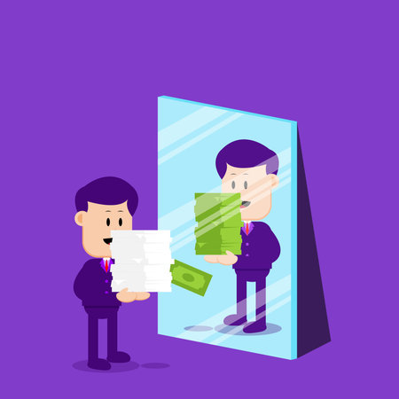 Business concept illustration. A hard worker sees himself earning a lot of money in the mirror. Suitable for business illustrationのイラスト素材