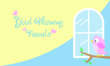 Good morning greeting card with cute bird in front of the window. Suitable for wallpaper, etcのイラスト素材