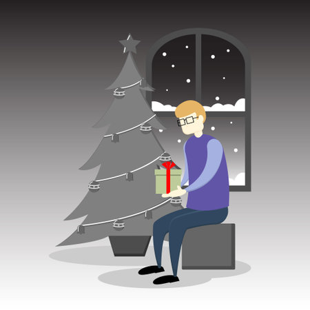 Lonely Christmas. A man is sad because he feels lonely on Christmas Eve. Fit for news media, story telling, etcのイラスト素材