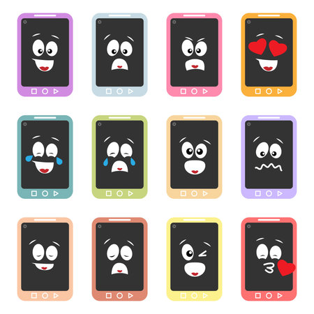 Various kind of emotions in smartphone shape. Suitable for web, emoji, illustration, etcのイラスト素材