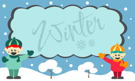 Winter background with two children and copy space area. Suitable for children's productsのイラスト素材