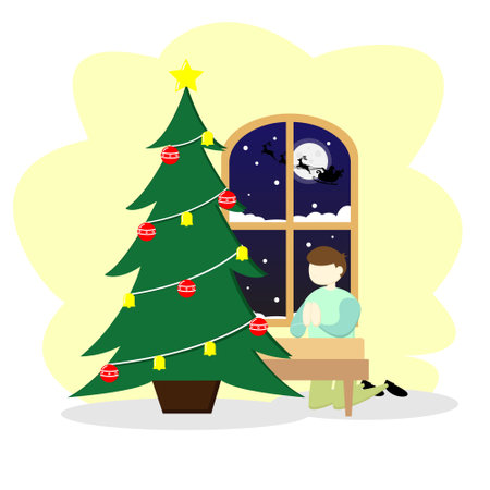Wishes for Christmas. A child is praying for a gift on Christmas Eve. Fit for news media, childrens book, story illustration, etcのイラスト素材