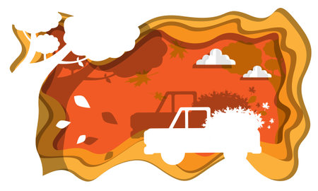 Autumn paper cut art design with truck full of leaves. Suitable for backgrounds, flyers, children's productsのイラスト素材