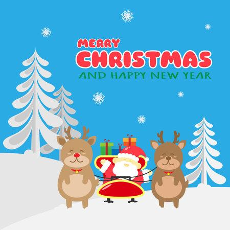 Merry Christmas and Happy New Year greeting card. Santa and his reindeer. Suitable for background, poster, etcのイラスト素材