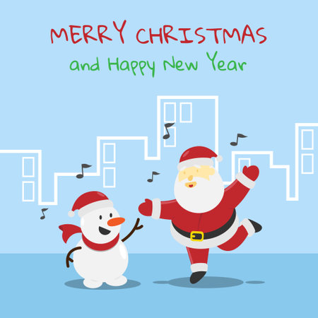 Santa and snowman dance together in the city on Christmas day. Suitable for Christmas's products and eventsのイラスト素材