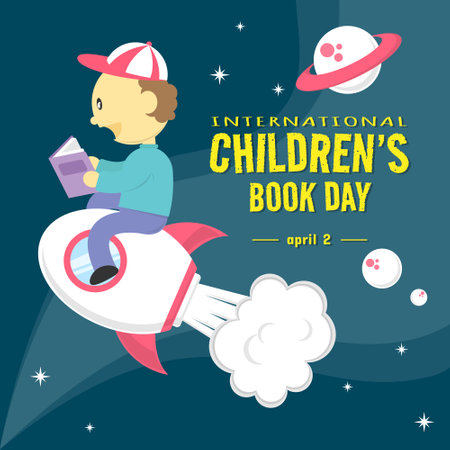 International Children's Book Day greeting with a boy flying on a rocket. Suitable for education eventsのイラスト素材