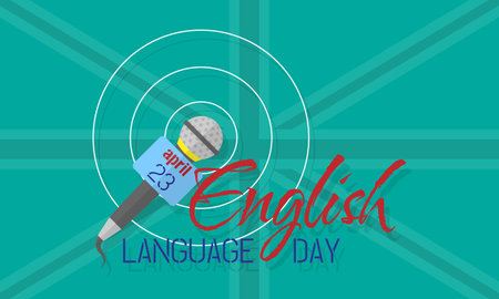 English Language Day poster with a microphone in front of the british flag. Suitable for celebrating english as an international languageのイラスト素材