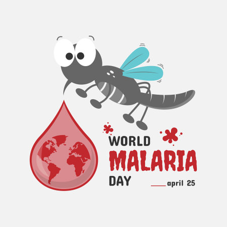 World Malaria Day greeting with cute mosquito and blood drop which has a globe inside. Suitable for world malaria day eventのイラスト素材