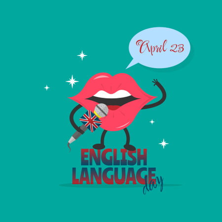 English Language Day with cute mouth holds microphone and speak. Suitable for english language day eventsのイラスト素材