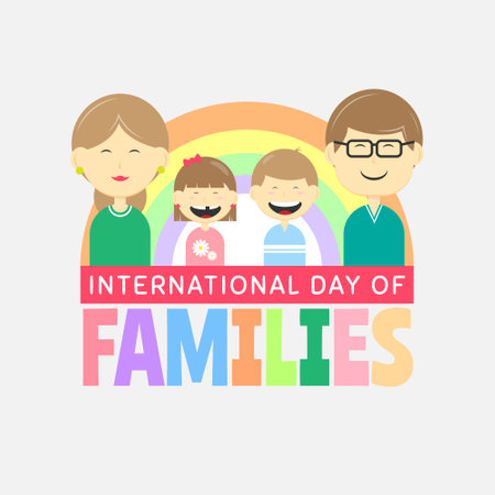 International Day Of Families greetings with a happy family in front of the rainbowのイラスト素材