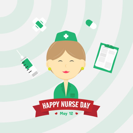 International Nurses Day greetings with a female nurse behind the ribbon and surrounded by medical instrumentsのイラスト素材