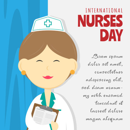 International Nurses Day greetings with a female nurse holds medical record note standing in front of the curtainのイラスト素材