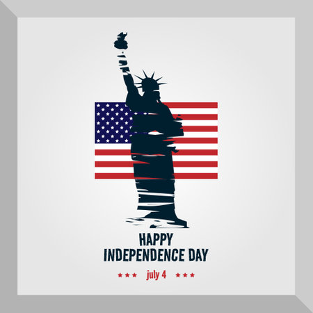 Happy 4th of July Independence Day poster with silhouette of statue of liberty in front of usa flagのイラスト素材