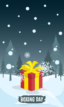 Boxing Day with a gift box on a snow fieldのイラスト素材