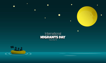 International Migrants Day poster with migrants in the middle of the sea at nightのイラスト素材