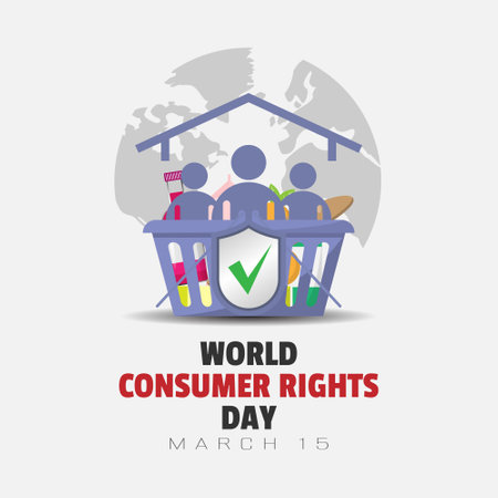 World Consumer Rights Day poster with people and baskets full of shopping took refuge under the roofsのイラスト素材