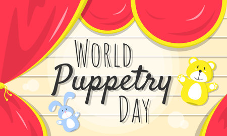 World Puppetry Day poster with cute puppets on stageのイラスト素材