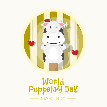 World Puppetry Day poster with cute cow puppetのイラスト素材