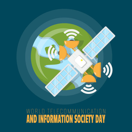 World Telecommunication and Information Society Day poster with Satellites in outer space send signals to Earthのイラスト素材