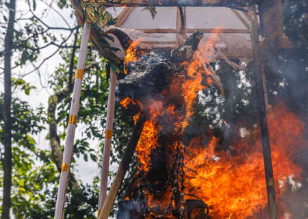 Ngaben Ceremony (mass cremation ceremony) - A Hindu funeral tradition in Bali - Burning statue of a Bullの写真素材