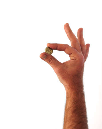 hand holding a pound coinの写真素材