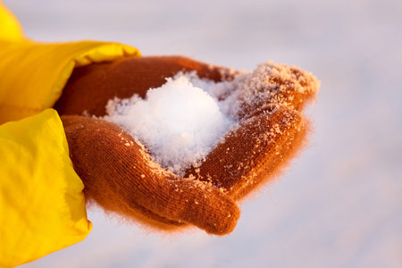 Snow in hands. Human hands in warm gloves with snow against snowy background