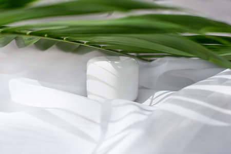 Beauty concept with facial cosmetic products, green leaves on white white chiffon fabric background. Branding mock upの写真素材