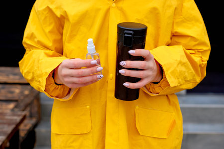 Hand hygiene health before eating and drinking outside. Hand care, cleanliness. Cleaning with...