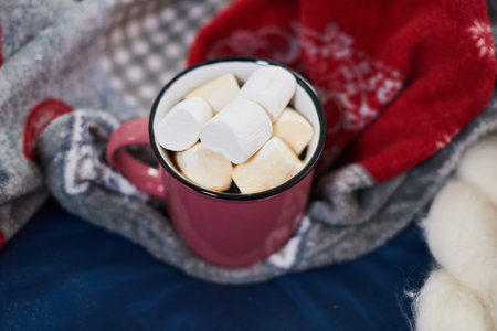 Top view knitted scarf, cup with marshmallow locating on carpet. winter holiday concept