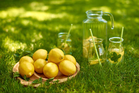 summer picnic on green grass - glass transparent jug of cool refreshing lemonade and three glasses with straws and whole lemons on wooden tray in garden or parkの写真素材