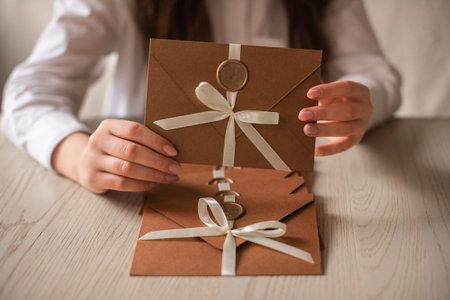 Handmade bronze paper envelopes save the date cards in woman hands