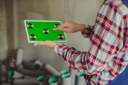 woman construction manager using tablet device with green screen and touch screen with finger....