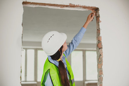 woman Industrial engineer in High-Visibility vest inspect and check work in construction siteの写真素材