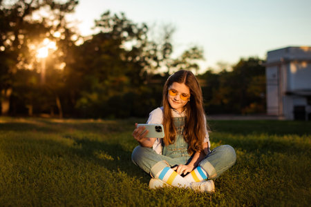 child girl talking on video by mobile phone outdoors in nature green park