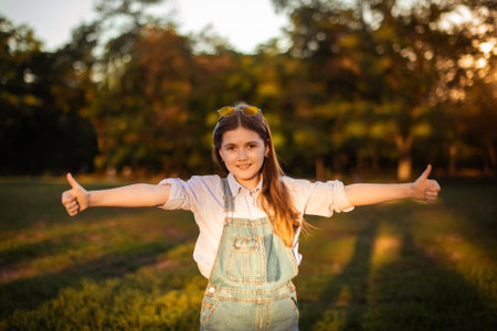 school girl thumbs up gesture both hands on lawn with green trees backgroundの写真素材